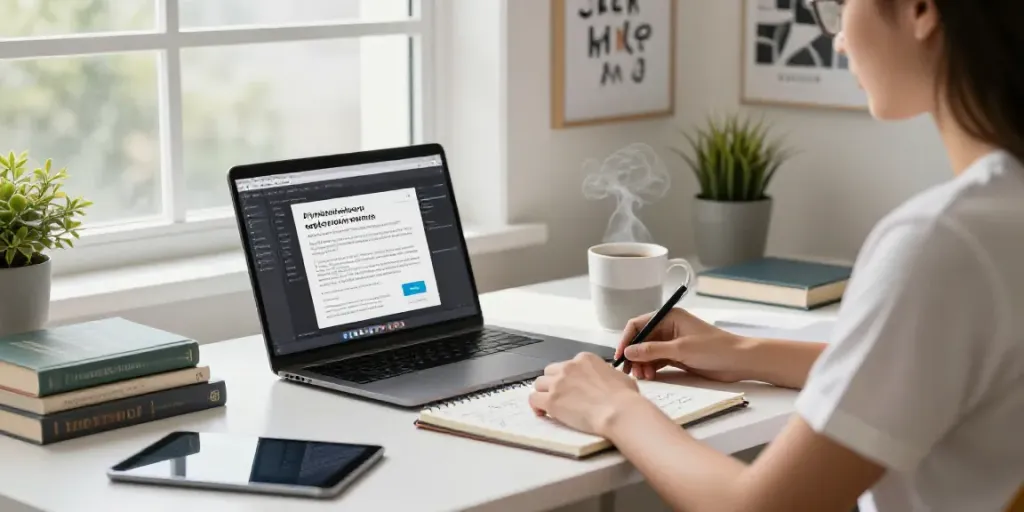 AI copywriting in English scene with a writer at a modern desk, laptop displaying content, notes, and motivational books.