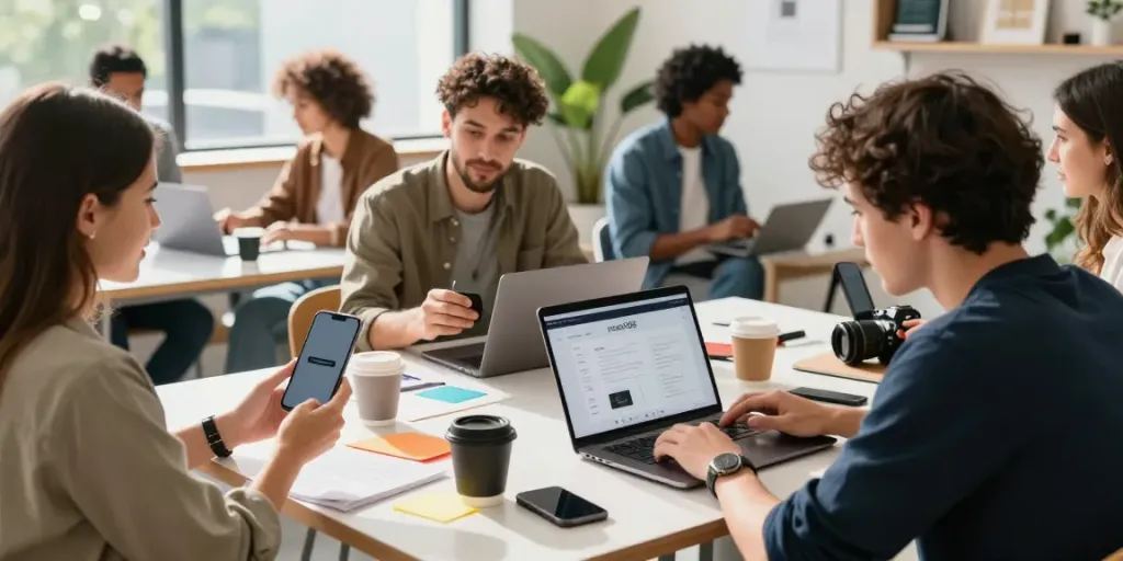 Diverse group collaborating creatively around the rokok88 platform in a bright co-working space.