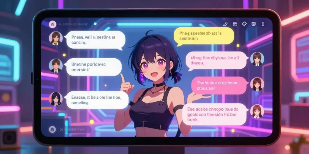 Engaging hentai AI chat scene with digital anime character and vibrant dialogue bubbles.