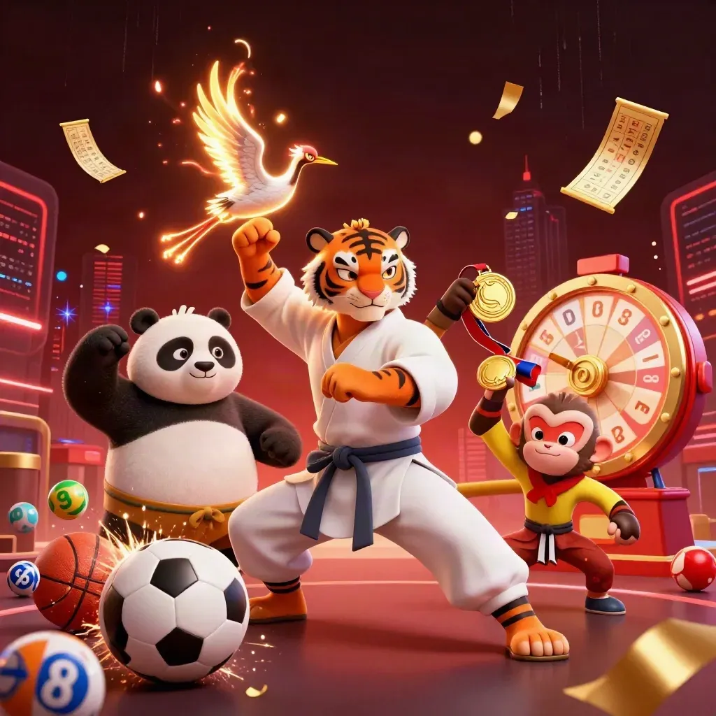 Kung-fu tiger, panda, and monkey amid casino sports chaos with balls, wheel, and neon energy.