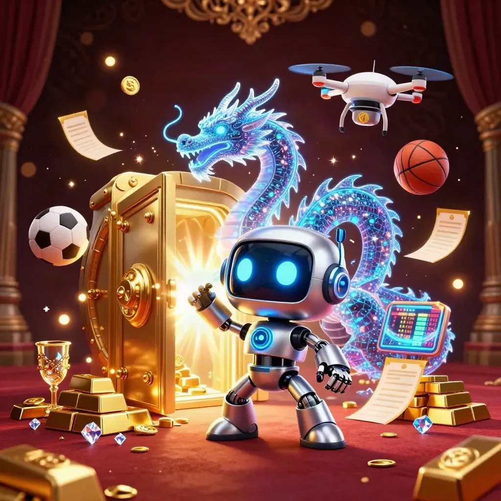 Robot mascot, AI dragon and coin drone amid vault gold, balls and casino light
