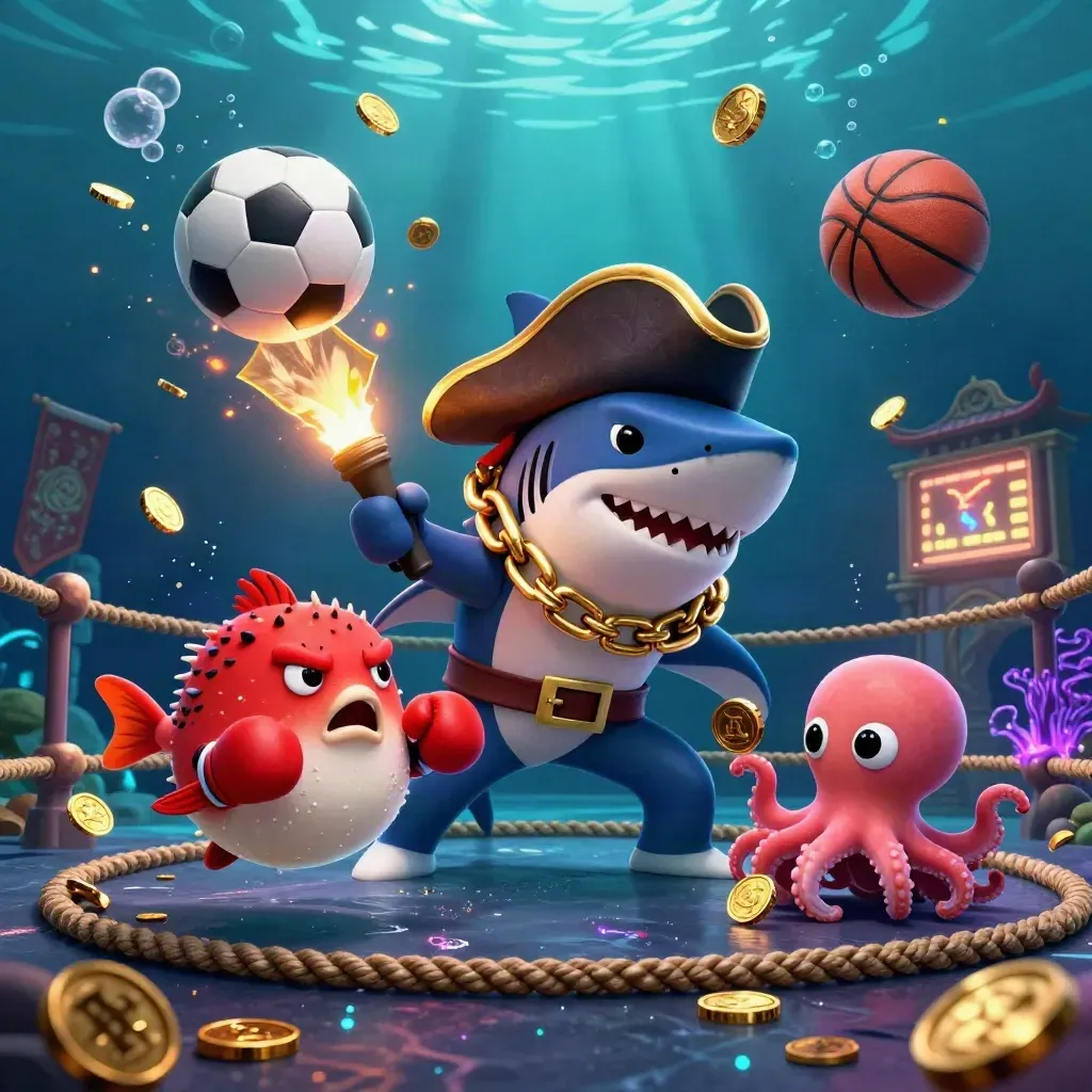Pirate shark, red pufferfish, and octopus amid coins, balls, and glowing underwater casino light.
