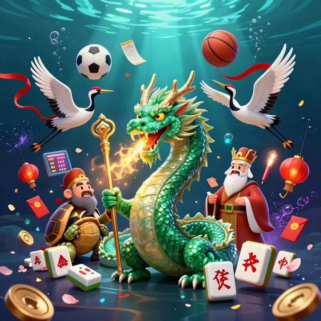 Jade dragon, turtle sage, and cranes amid casino sports icons in glowing underwater light.