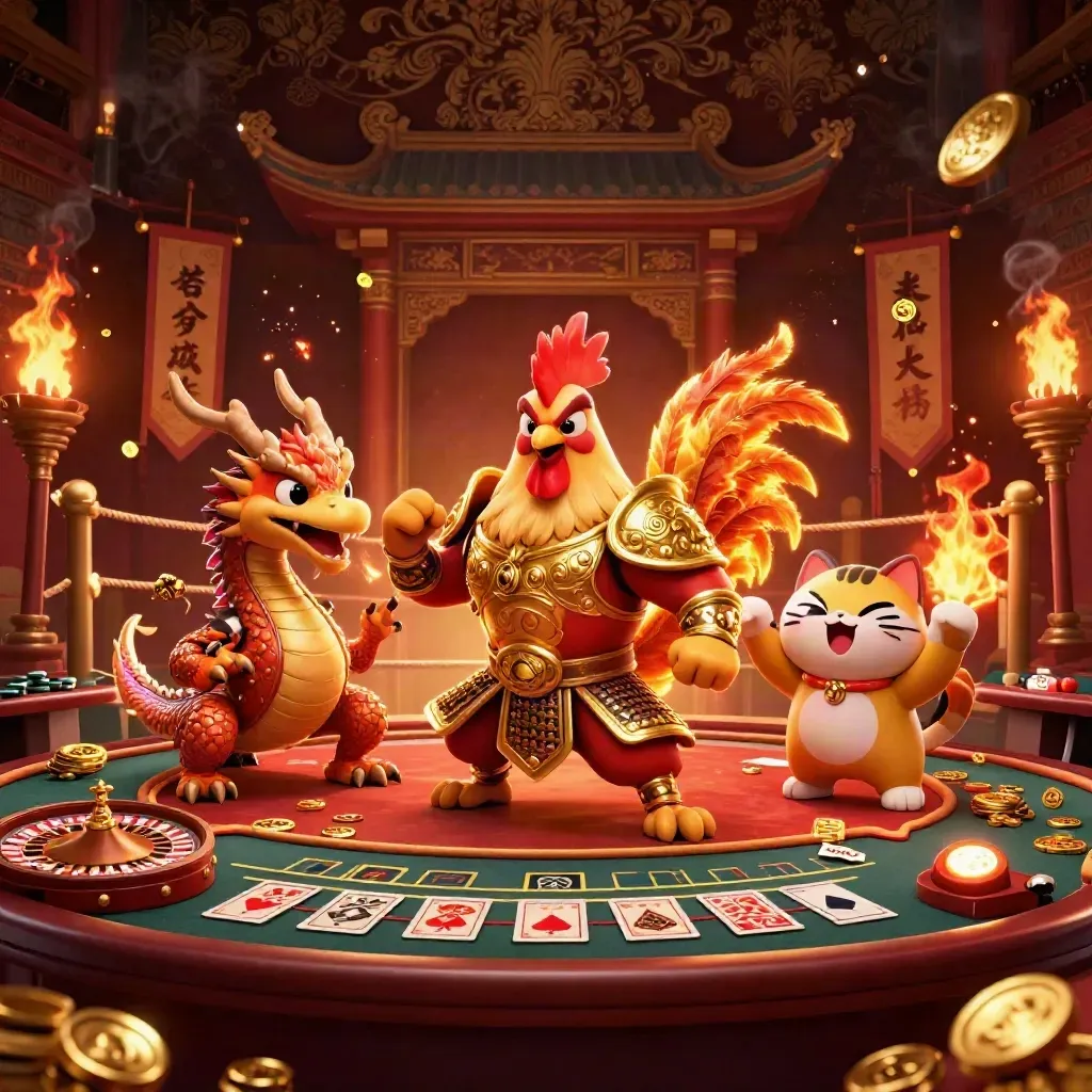 Rooster warrior, dragon hatchling, and fortune-cat in a luxe casino-fantasy scene with gold and ember glow.