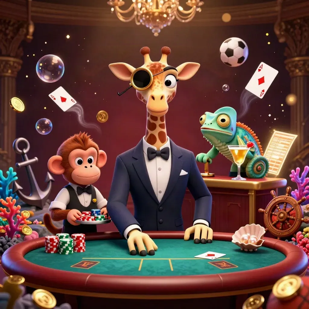 Giraffe, monkey, and chameleon at a poker table amid treasure, balls, and gold light.