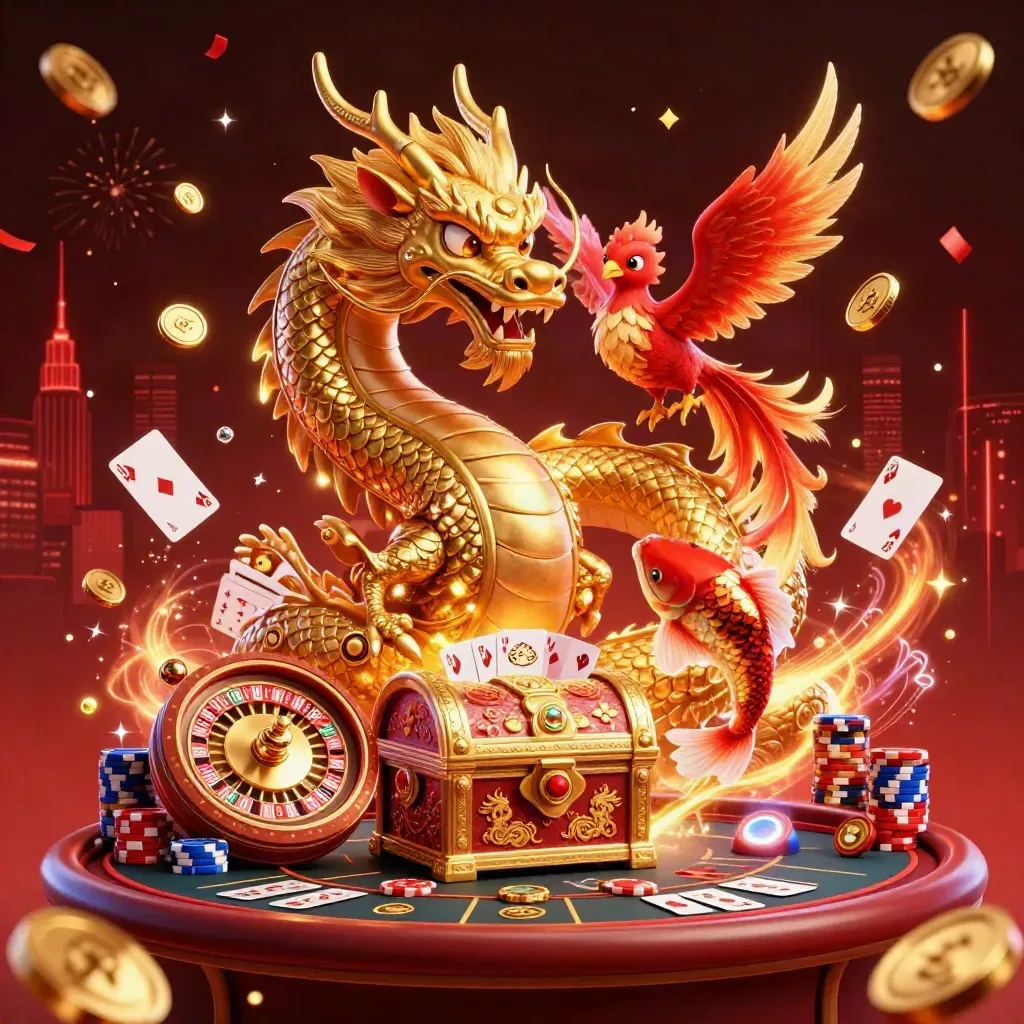 Golden dragon, phoenix, koi and casino riches in a cinematic Paris-luxe poker scene.
