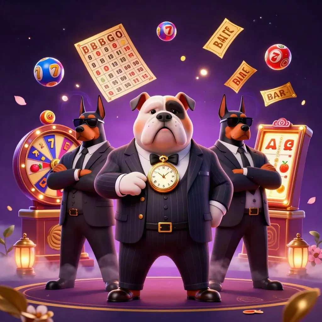 Mafia bulldog with two Dobermans amid casino bursts, petals, gold light, and neon magic.