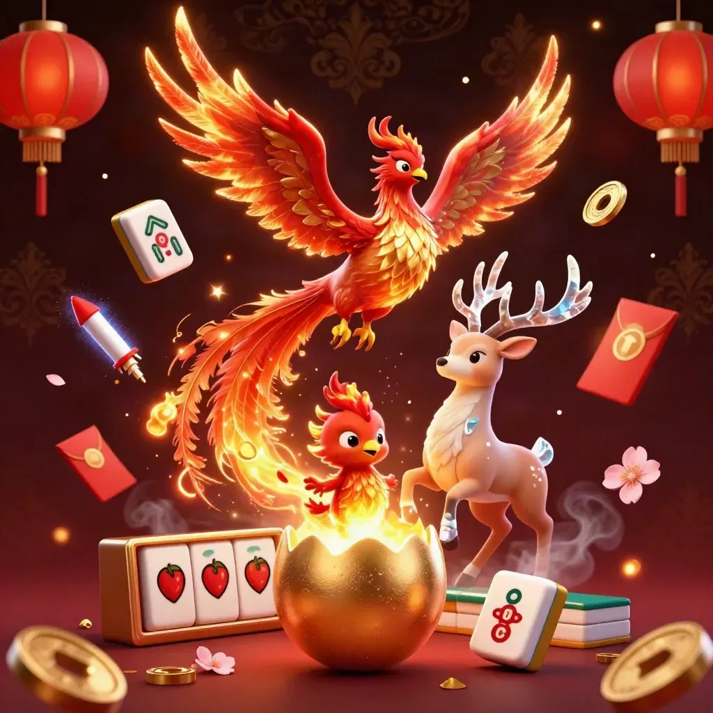 Phoenix, baby phoenix, and crystal stag amid gold, lanterns, jade coins, embers, and casino sparks.