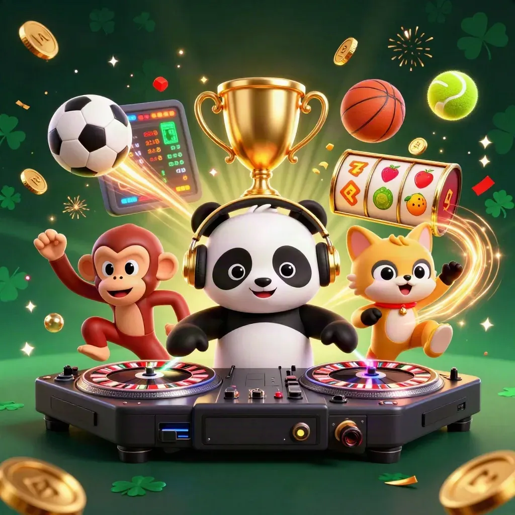 DJ panda, dancing monkey, and glow-kitten in a gold-lit casino rave burst with sports balls and coins.