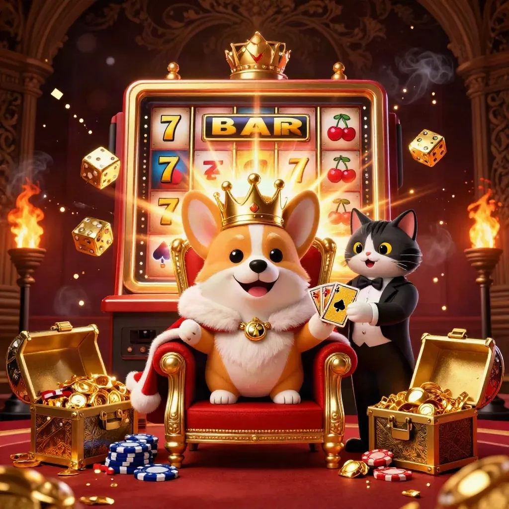Crowned corgi and cat butler amid bursting jackpot treasure in Parisian casino glam