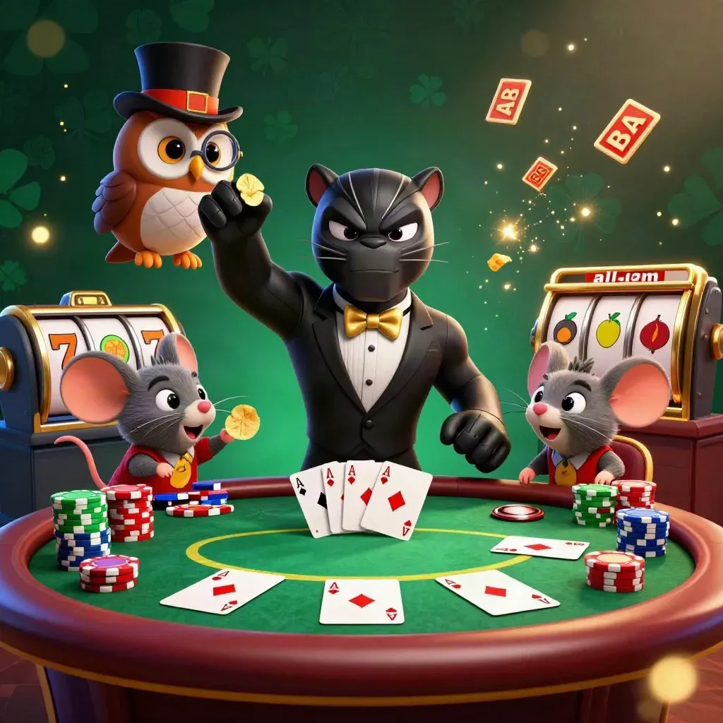 Panther, owl, and mouse deal poker amid chips, aces, reels, and casino light.
