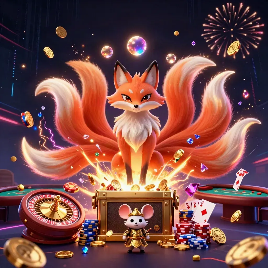 Fox spirit and samurai mouse amid coins, chips, cards, roulette, and fireworks in a luxe casino burst.