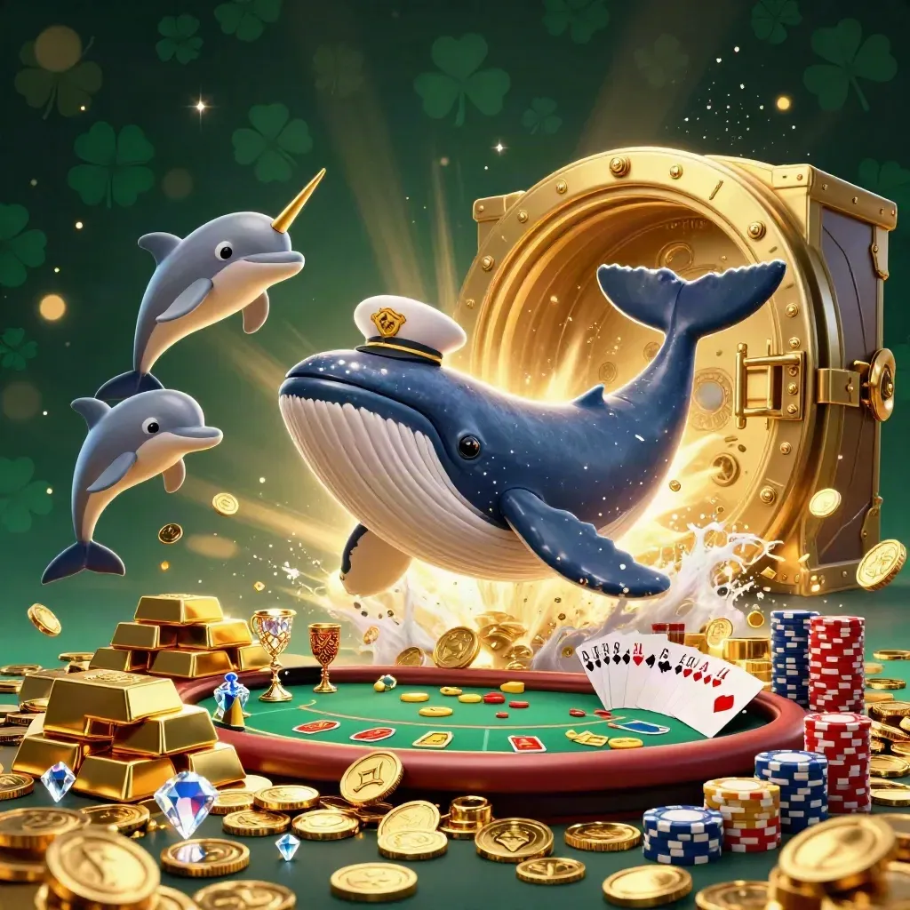 Whale captain, narwhal, and dolphins burst from a coin vault in luxe casino-poker style.