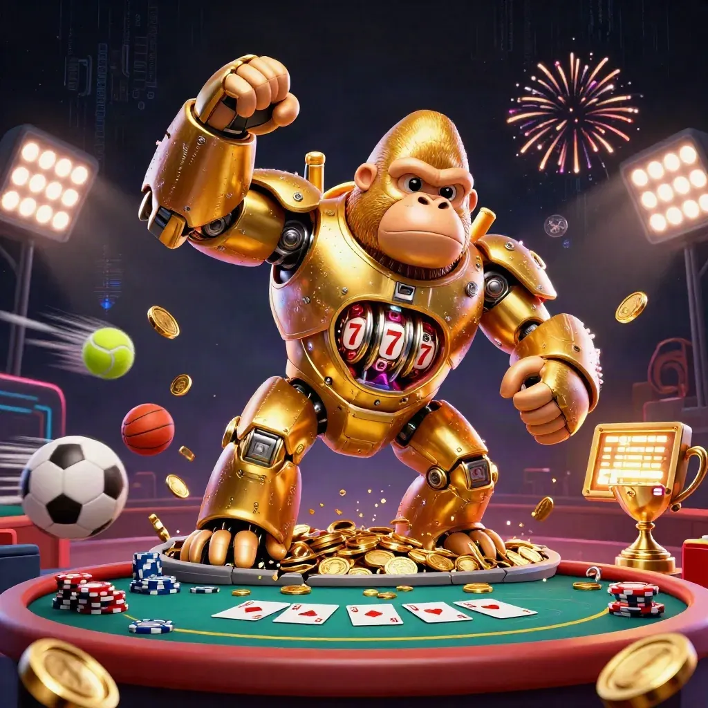 Golden gorilla poker mech with monkey pilot exploding in coins, balls, trophy and chips in a dark casino scene
