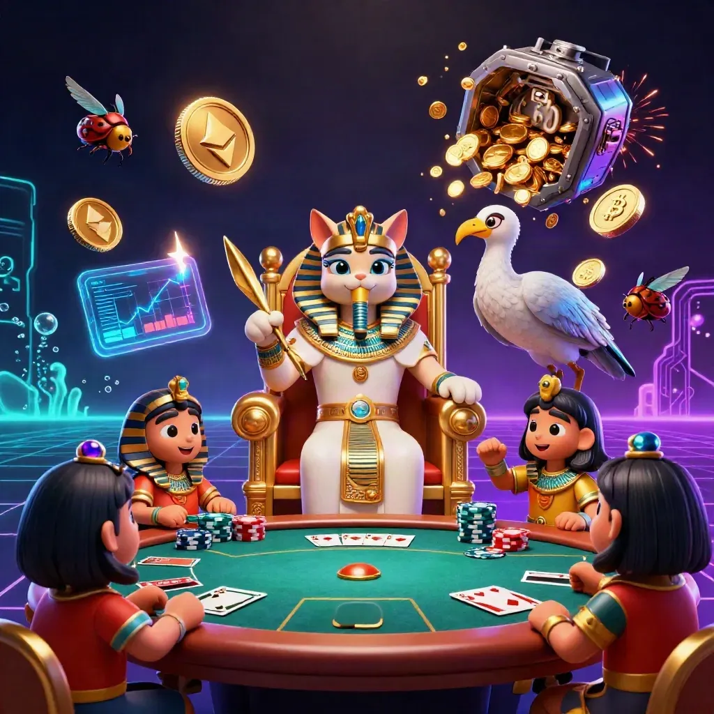 Pharaoh cat on gold throne amid chips, coins, scarabs, and neon casino glow.