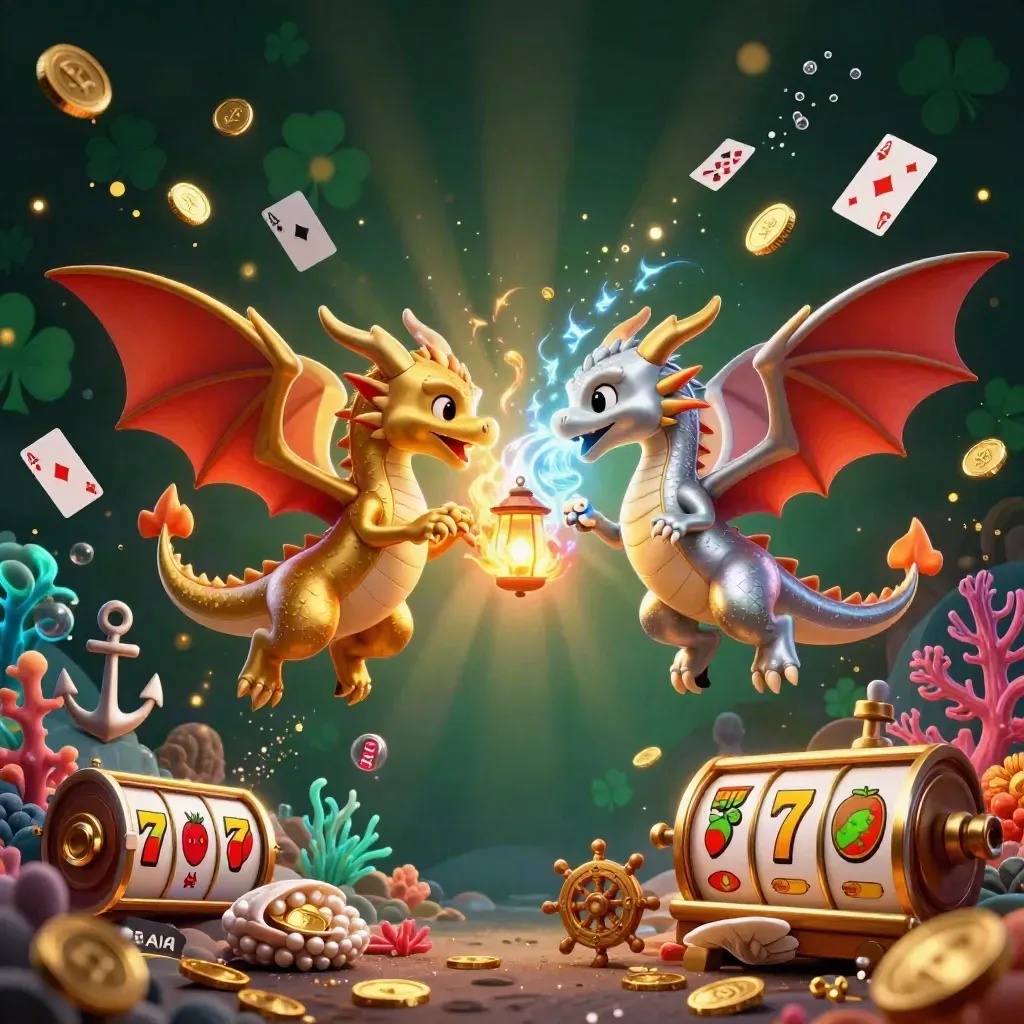 Gold and silver dragons forming a yin-yang above treasure, cards, reels, and glowing casino effects