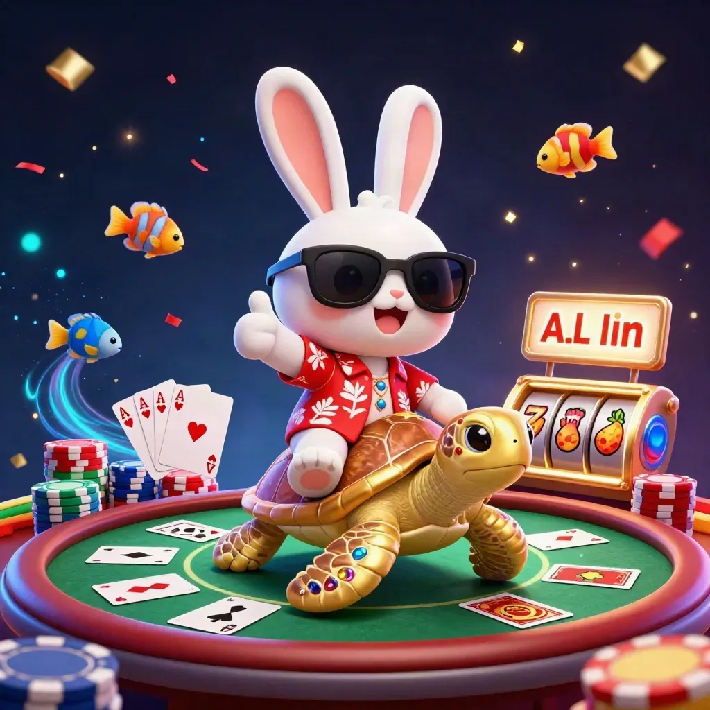 Lucky rabbit rides a gem-shell sea turtle amid poker chips, aces, reels, and casino glow.