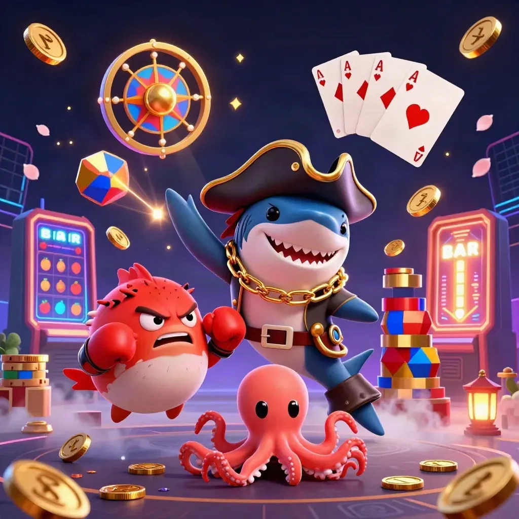 Shark captain, pufferfish, and octopus amid poker chips, coins, roulette, and neon Paris noir.