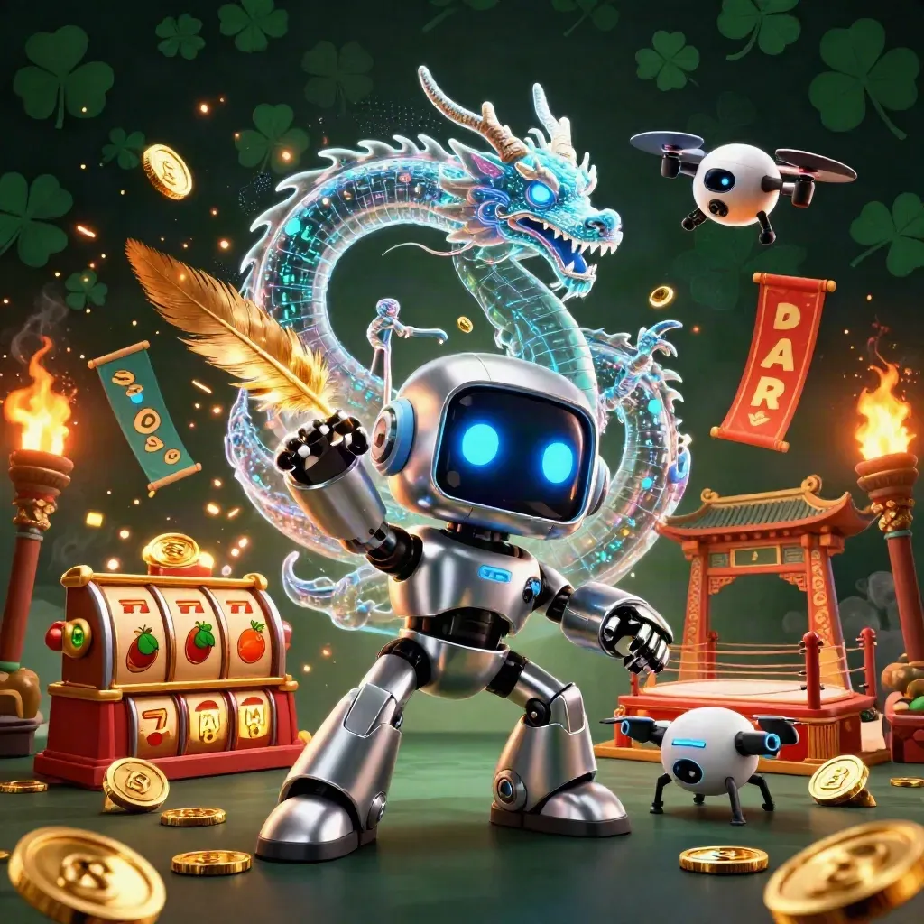 Cyberpunk robot, holographic dragon, and coin drone amid poker jackpot effects in a dark emerald casino scene.