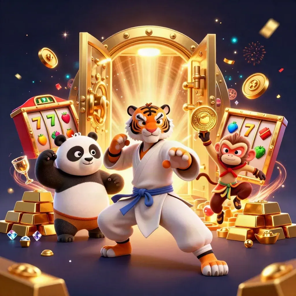 Tiger, panda, and monkey poker heroes pose before a glowing vault with gold and casino symbols.