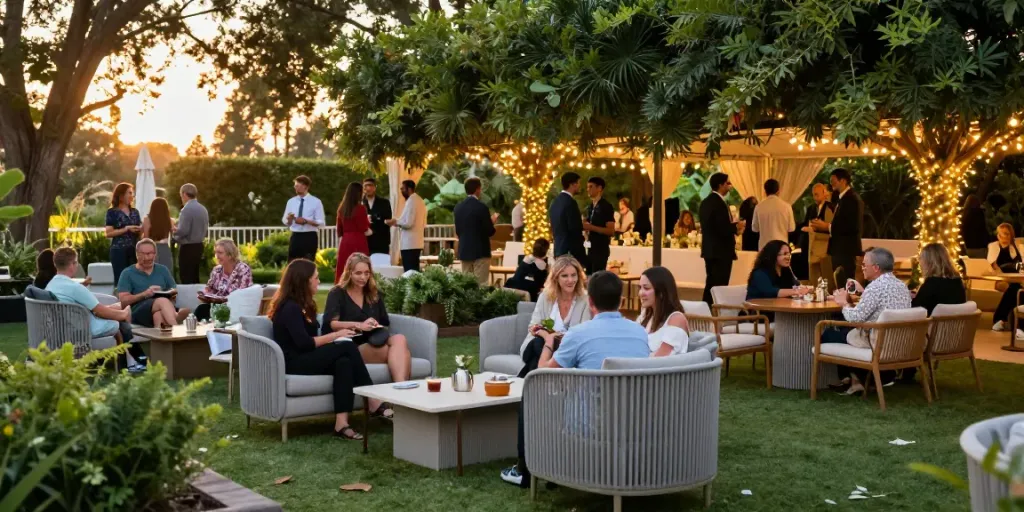 Event furniture rental setup with stylish lounge areas, beautifully arranged for a sunset gathering, creating a lively atmosphere.
