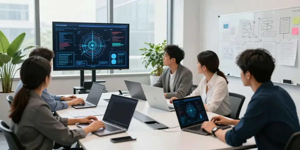 Enterprise AI team collaborating in a modern office environment.