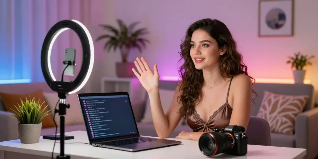 Live porn performer engaging in an inviting studio atmosphere.